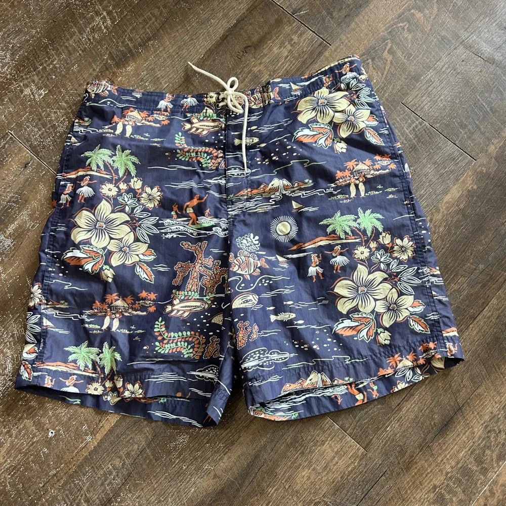 Vintage Polo Sport‎ Ralph Lauren Hawaiian Print Swim Trunks Navy Blue Mens XL
